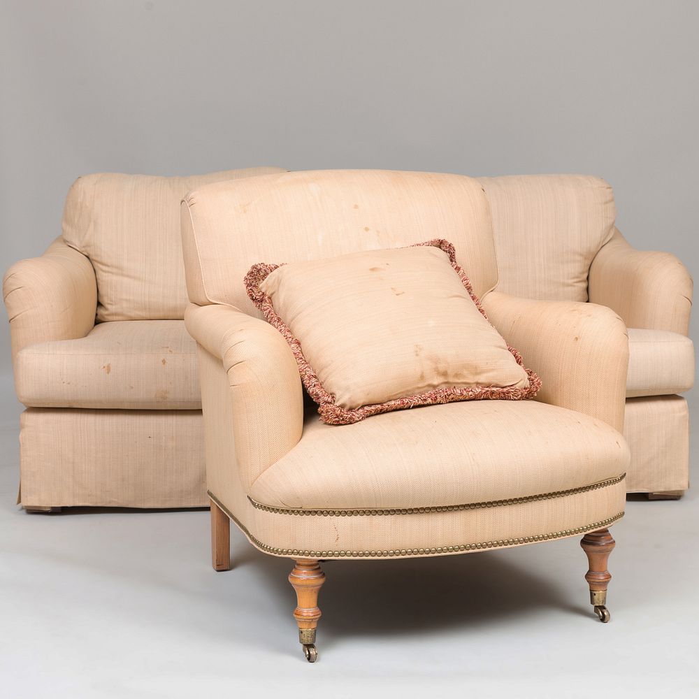 Appraisal: Group of Three Linen Upholstered Club Chairs Comprising A Victorian