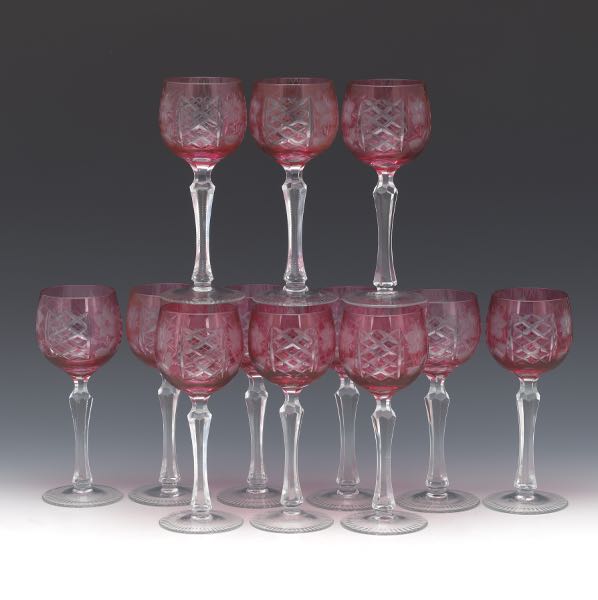 Appraisal: TWELVE BACCARAT CRANBERRY CUT TO CLEAR WINE GLASSES Elegant deep