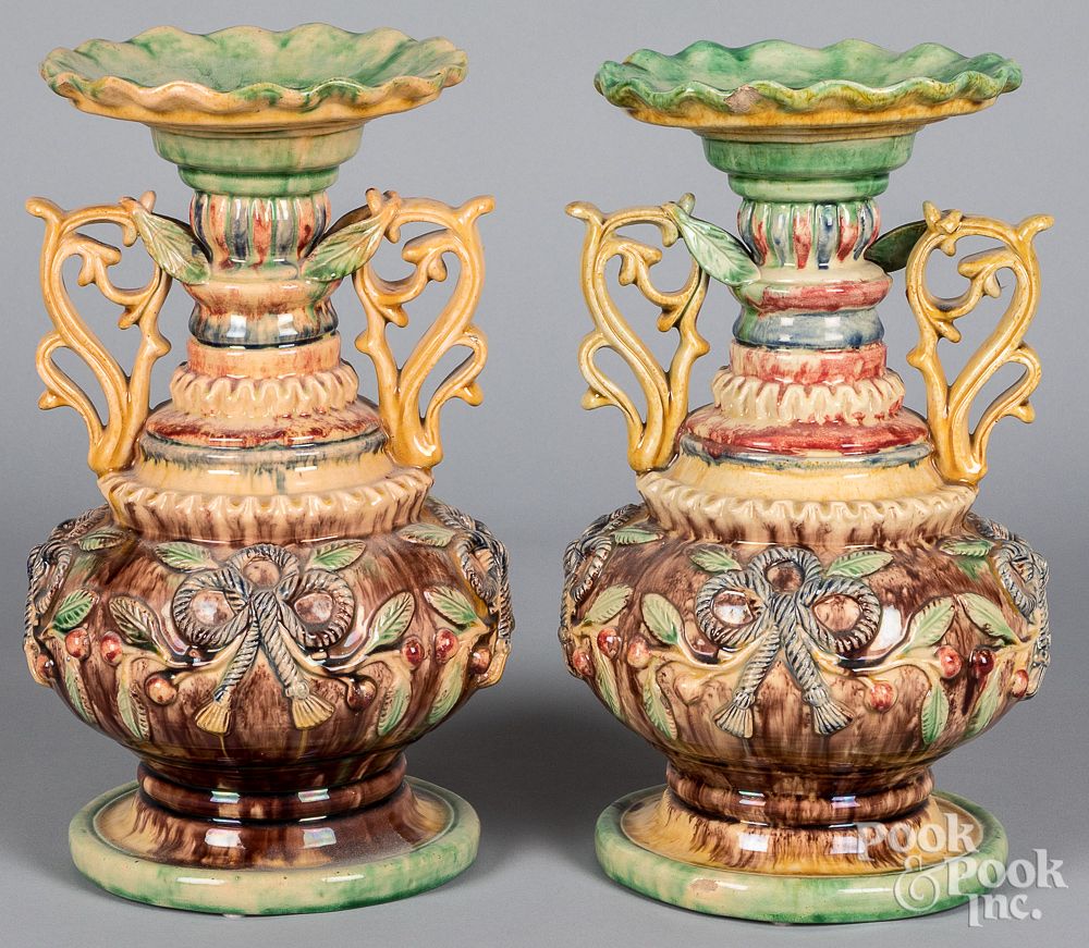 Appraisal: Portuguese Mafra Caldas Palissy Ware majolica vase Pair of Portuguese