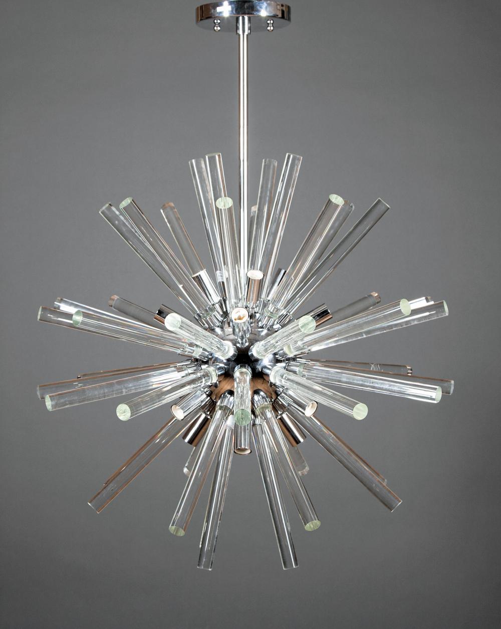 Appraisal: Chromed Metal and Glass Rod Sixteen-Light Starburst Chandelier th c