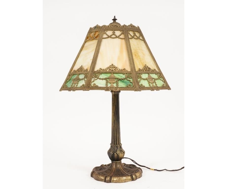 Appraisal: Slag glass lamp circa with eight sided two color shade