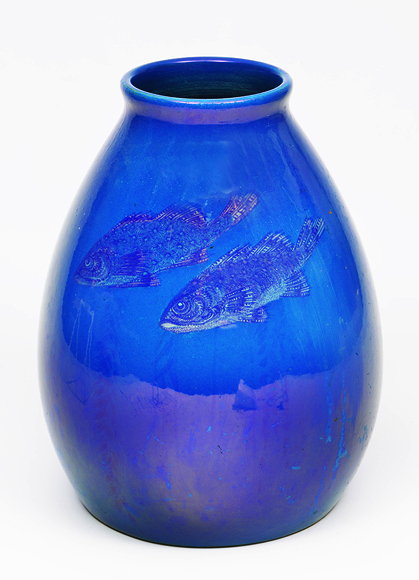 Appraisal: AN OVOID BLUE LUSTRE VASE decorated with two fish marked