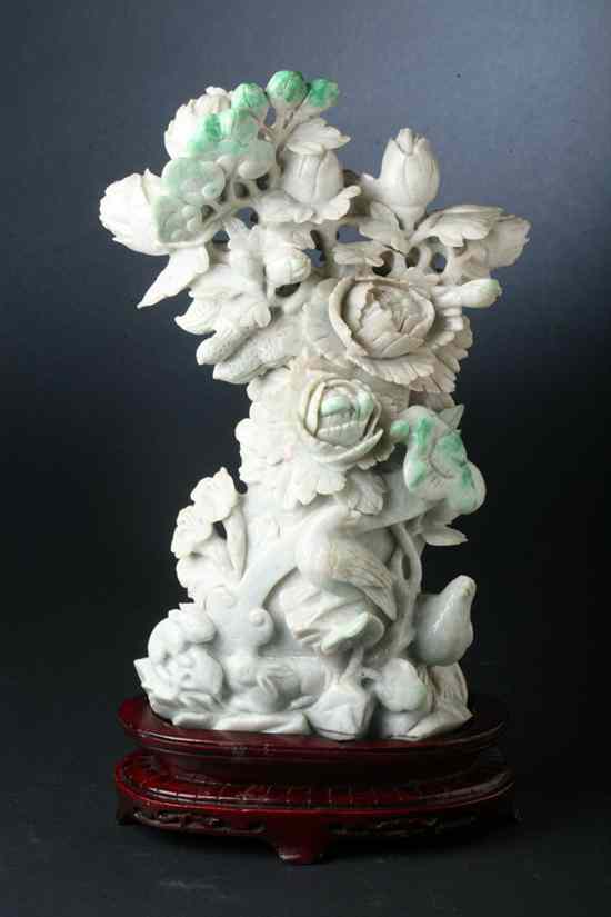 Appraisal: CHINESE CELADON AND APPLE GREEN JADEITE CARVING OF BIRDS AND