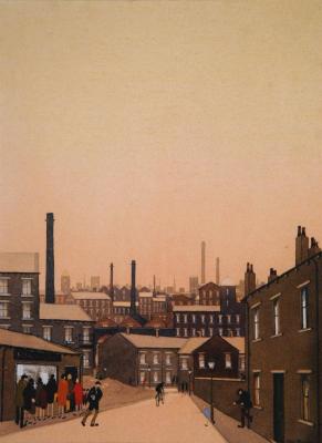 Appraisal: GEOFFREY W BIRKS Industrial Townscape with figures queuing at a