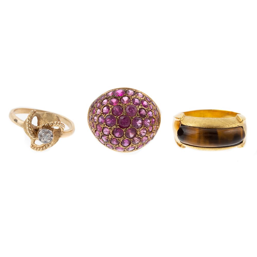 Appraisal: A Trio of Diamond Gemstone Rings in Gold K yellow