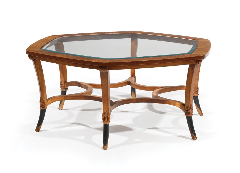 Appraisal: Carved and Parcel-Ebonized Walnut Low Table hexagonal inset beveled glass