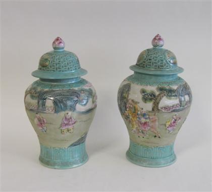 Appraisal: Pair of Chinese Republic Period polychrome decorated covered jarsfirst half