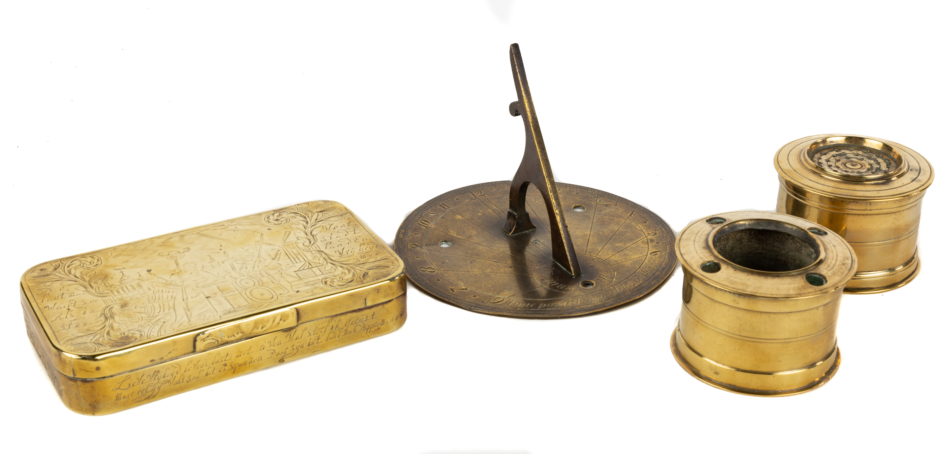 Appraisal: GROUP OF EARLY BRASS ITEMS Engraved box sundial ink stand