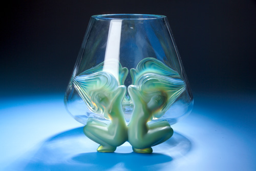 Appraisal: LALIQUE Vase Antinea clear with applied opalescent jade green handles