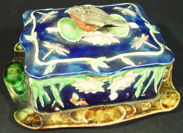 Appraisal: Victorian Majolica sardine dish the lid surmounted with a bird