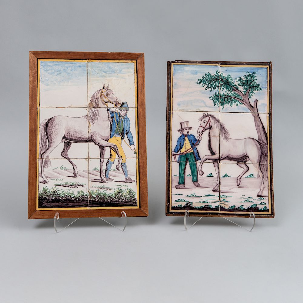 Appraisal: Two Delftware Six Tile Pictures of Figures with Horses Unmarked