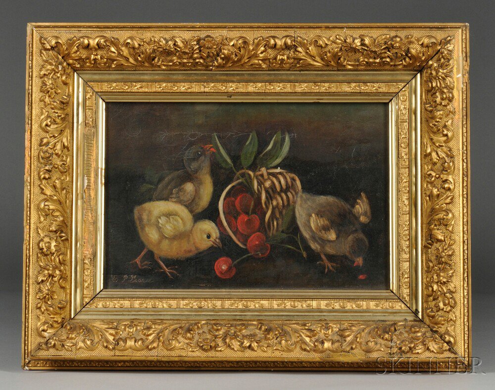 Appraisal: American School th Century Three Chicks Nibbling Cherries Signed E