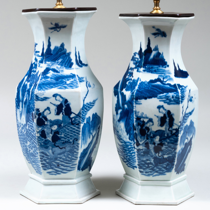 Appraisal: PAIR OF CHINESE BLUE AND WHITE PORCELAIN FACETED BALUSTER VASES