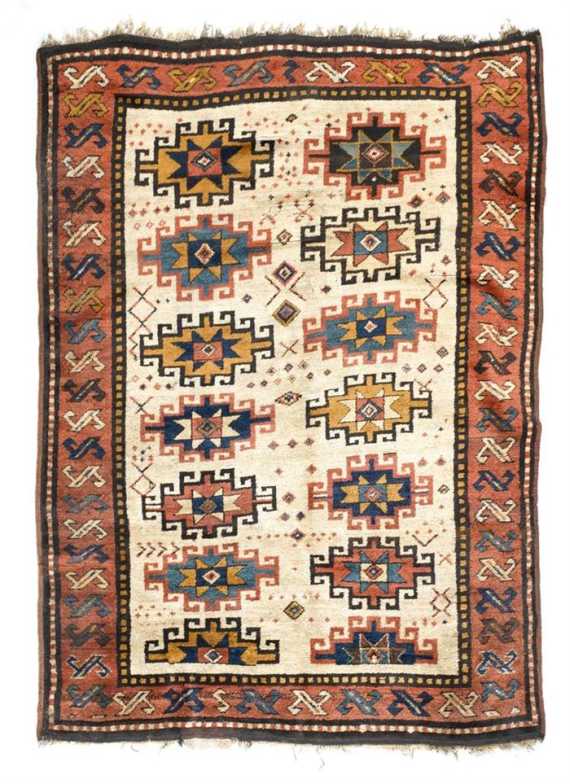 Appraisal: ZAKATA antique Beige central field with two gul rows rust