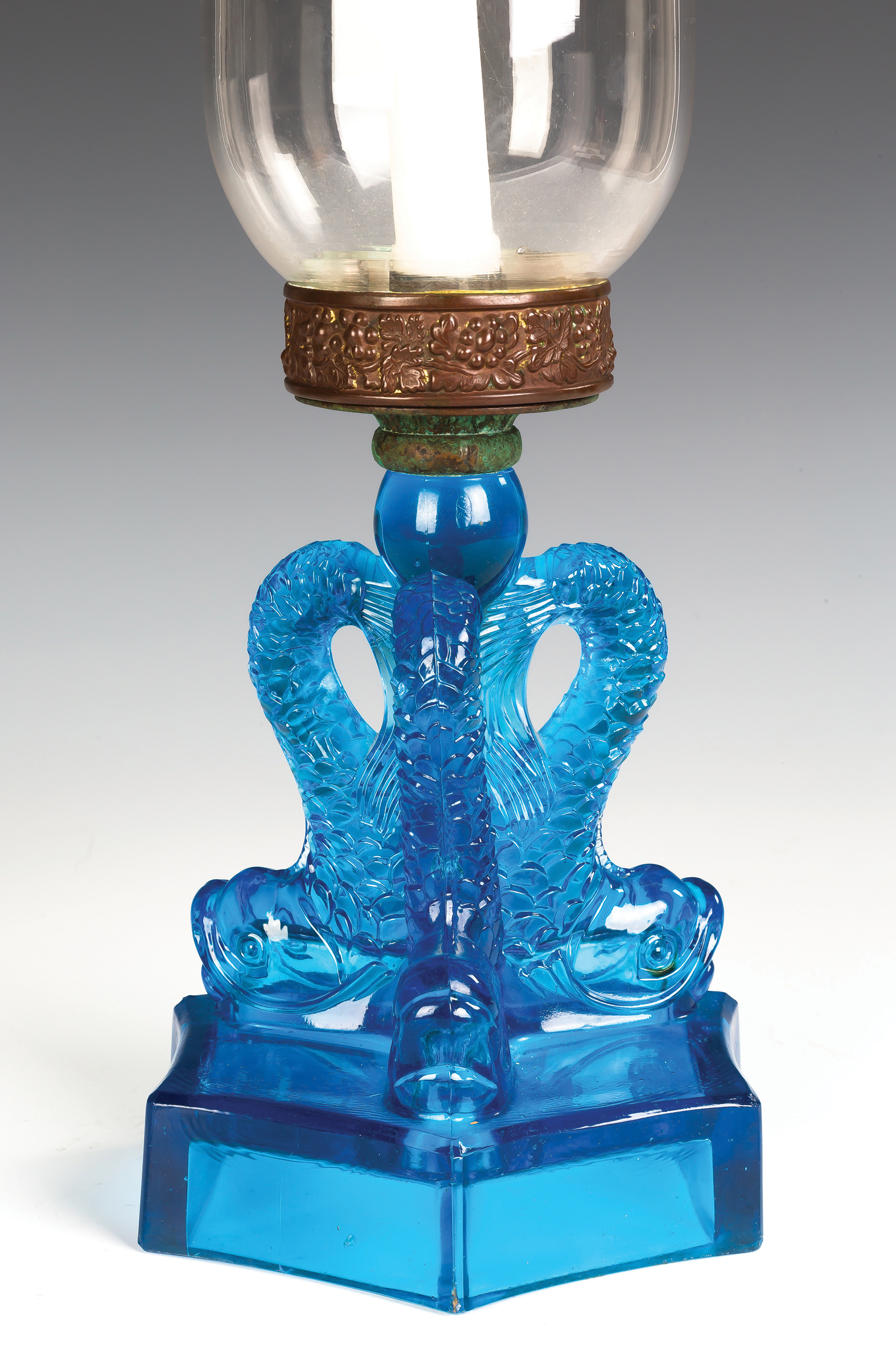 Appraisal: Rare Boston Sandwich Glass Electric Blue Triple Dolphin Candle Lamp