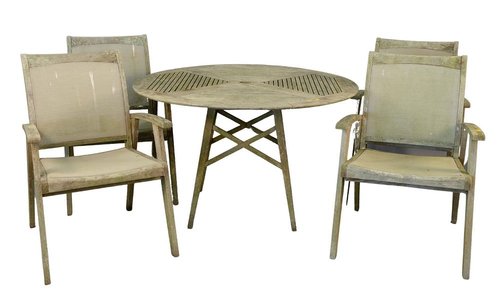 Appraisal: Teak Outdoor Round Table and Four Armchairs seat height inches