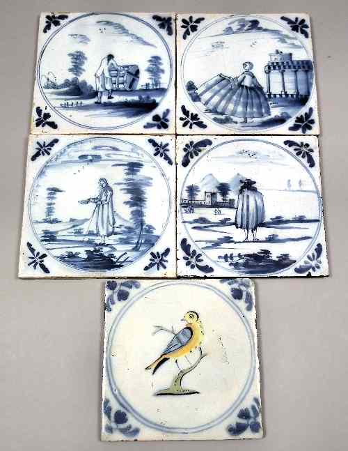 Appraisal: Four mid th Century ''Bristol Blue'' Delft tiles painted with