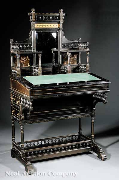 Appraisal: An American Aesthetic Gilt-Incised Ebonized and Inlaid Lady s Desk