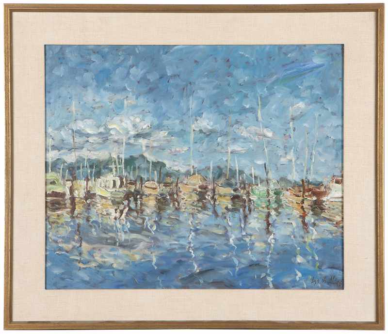 Appraisal: Boats in a harbor signed and dated lower right Sassone