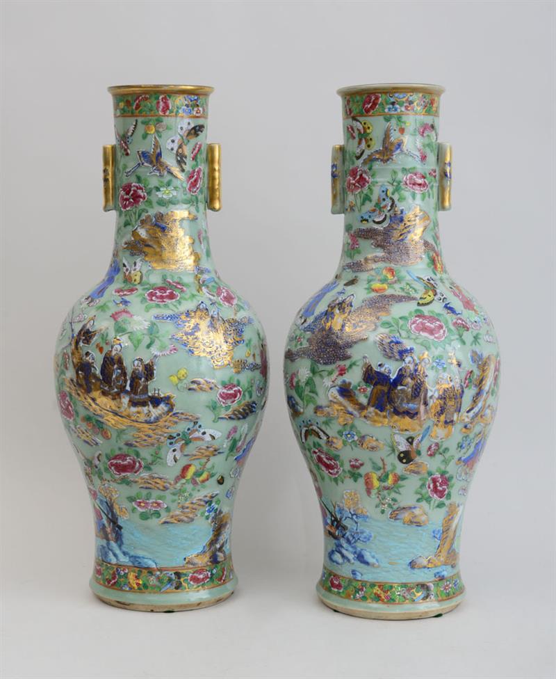 Appraisal: PAIR OF CHINESE CELADON-GROUND FAMILLE ROSE PORCELAIN BALUSTER-FORM VASES Unmarked