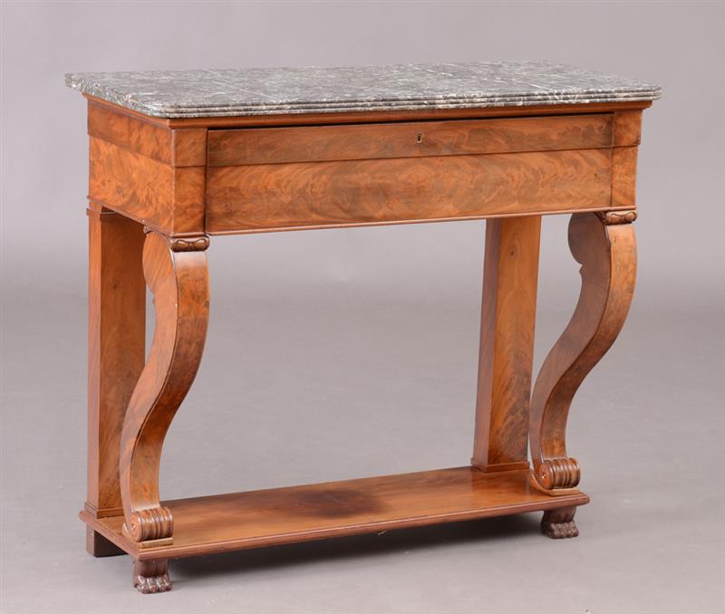 Appraisal: CHARLES X MAHOGANY CONSOLE TABLE With a grey and white