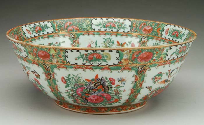 Appraisal: LARGE ROSE MEDALLION PUNCH BOWL Paneled decoration with birds flowers