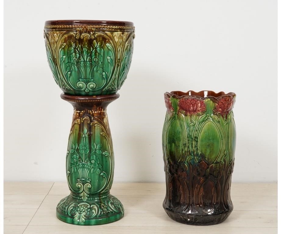 Appraisal: Victorian green and brown majolica two-piece planter h x dia