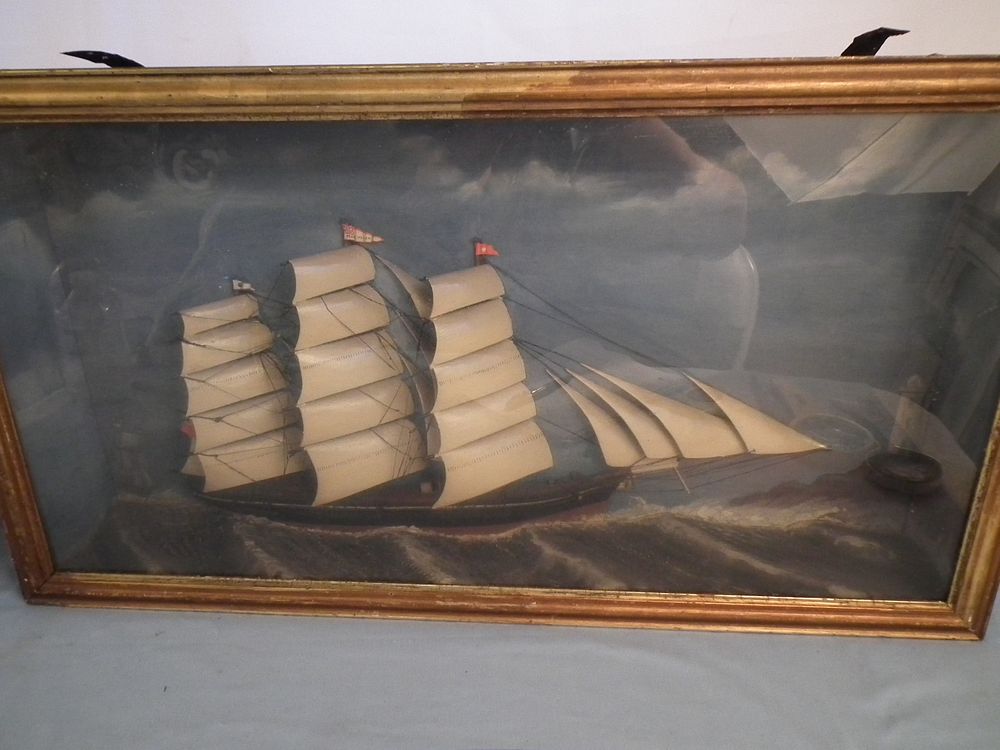 Appraisal: SHADOW BOX SHIP MODEL Antique shadow box cased wood ship