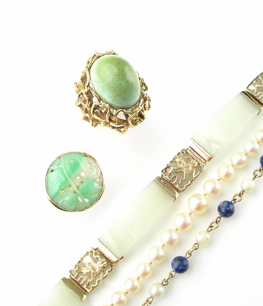 Appraisal: A group of jade lapis cultured pearl and gold jewelry