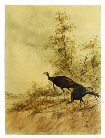 Appraisal: Unframed watercolor on illustration board Fall Turkeys signed lower right