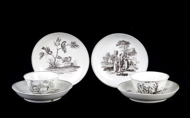 Appraisal: Two Worcester transfer-printed tea bowls and saucers and two odd