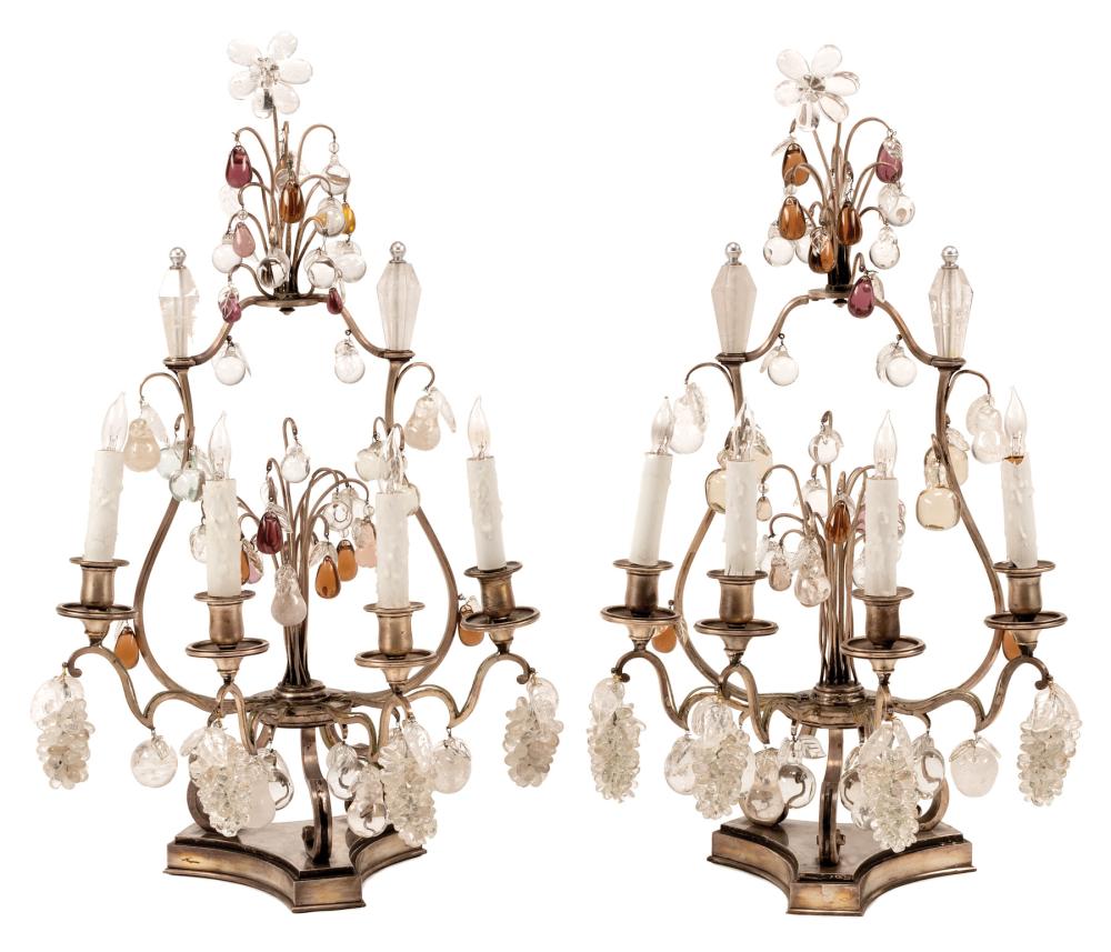 Appraisal: Pair of Louis XV-Style Silvered Bronze Four-Light Girandoles rock crystal