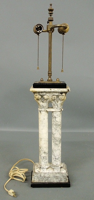 Appraisal: - Carved white marble double-column table lamp h x w