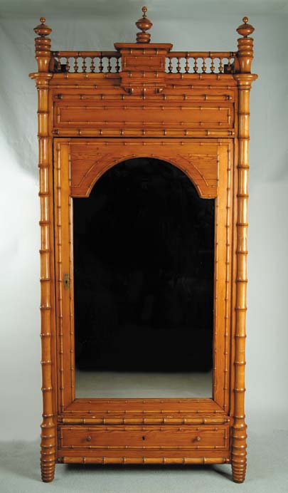 Appraisal: OUTSTANDING LARGE BAMBOO STYLE MIRROR FRONT ARMOIRE th Century Shapes