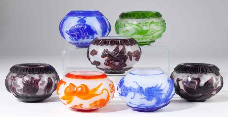 Appraisal: Seven Chinese Peking Glass Bowlsearly th century the overlays in