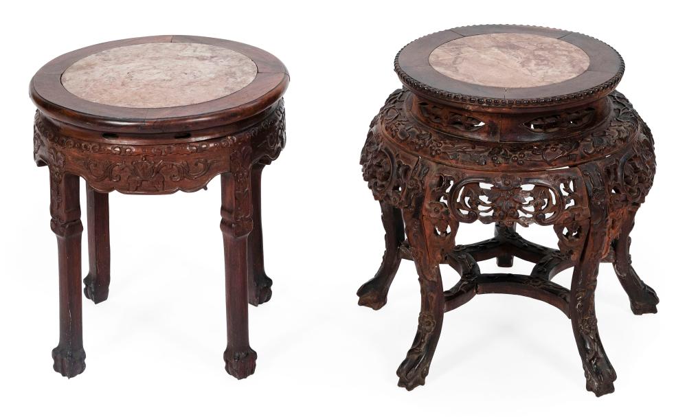 Appraisal: TWO CHINESE HARDWOOD TABORETS WITH INSET ROUGE MARBLE TOPS LATE