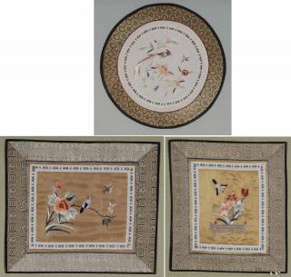 Appraisal: Three Framed Chinese Embroideries rectangular pair mounted on green silk