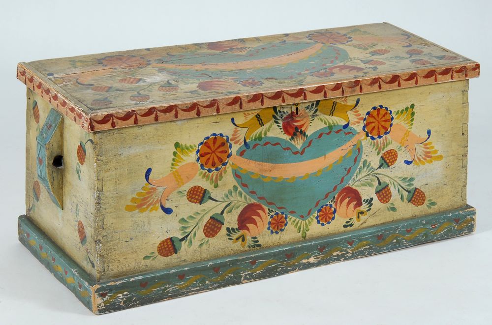 Appraisal: PETER HUNT DECORATED LIFT-TOP CHEST Decorated with strawberries flowers and