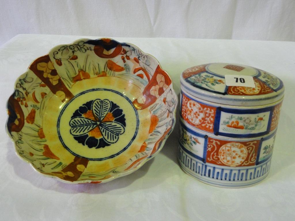 Appraisal: A two sectional Imari box and cover of cylindrical form