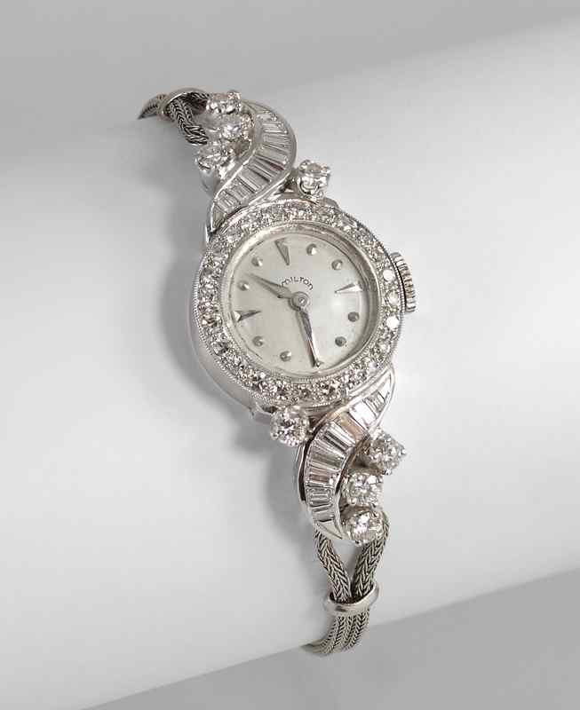 Appraisal: LADIES HAMILTON PLATINUM DIAMOND WRISTWATCH Platinum diamond Hamilton wristwatch contains