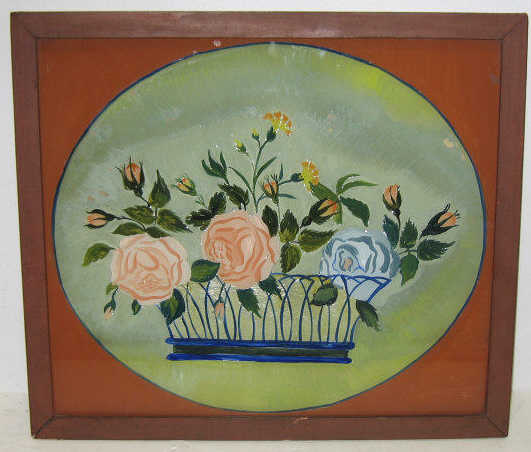 Appraisal: AMERICAN REVERSE PAINTING ON GLASS Jardiniere with flowers underlined with