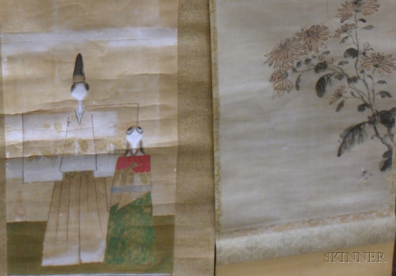 Appraisal: Two Japanese Gouache on Paper and Silk Scrolls one depicting