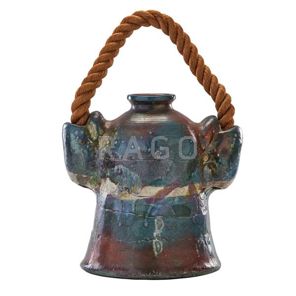 Appraisal: NANCY JURS Large raku-fired jug w rope handle Condition Report