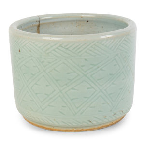 Appraisal: A Chinese Celadon-Glazed Porcelain Censer with incised diapering to the