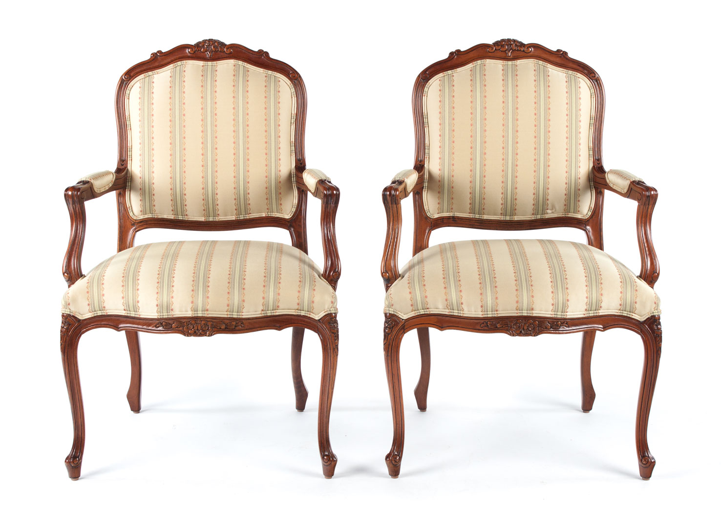 Appraisal: Pair of Ethan Allen Louis XV style fauteuils stripe upholstered