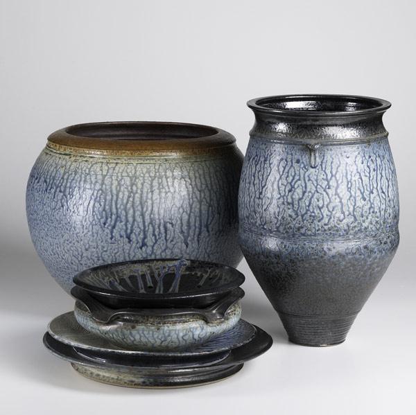 Appraisal: RICHARD AERNI Six pieces of ash glazed stoneware include handled