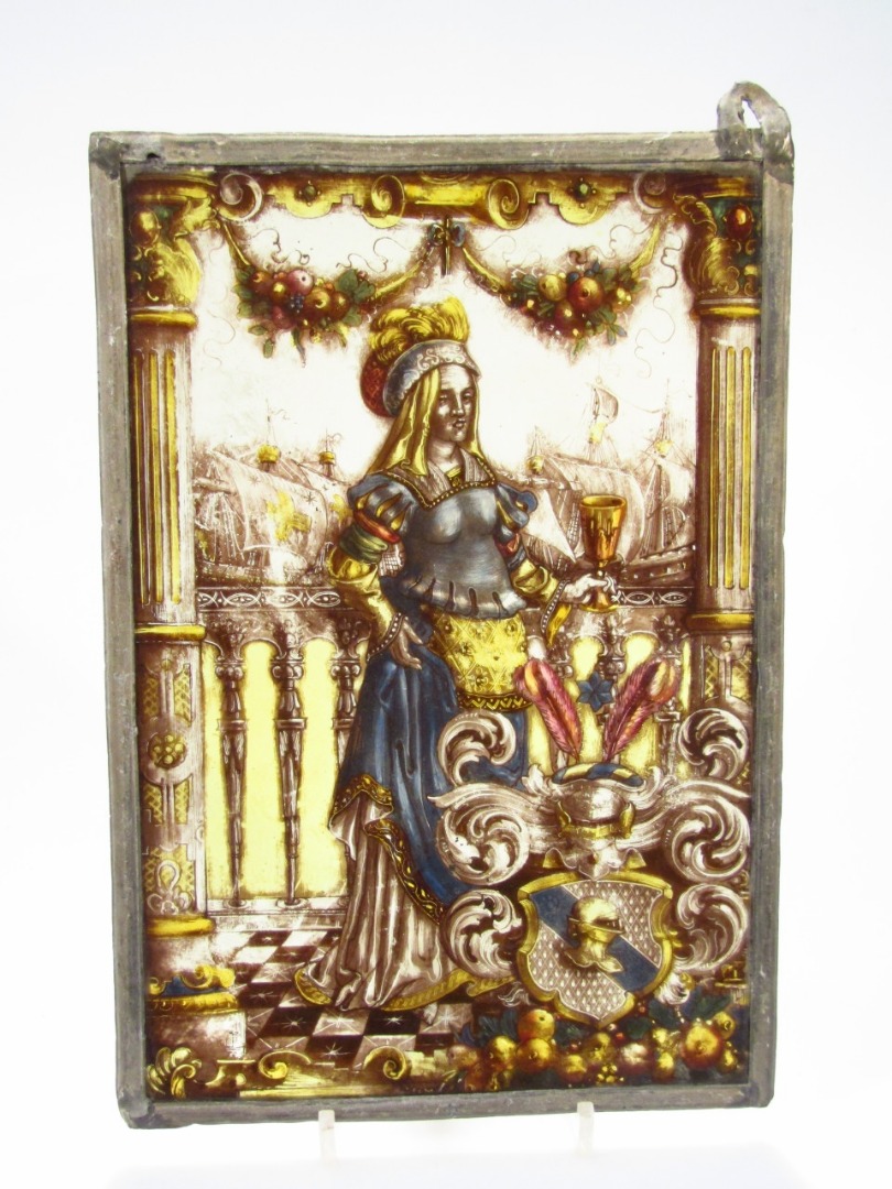 Appraisal: A painted glass panel Medieval style with rectangular outline and