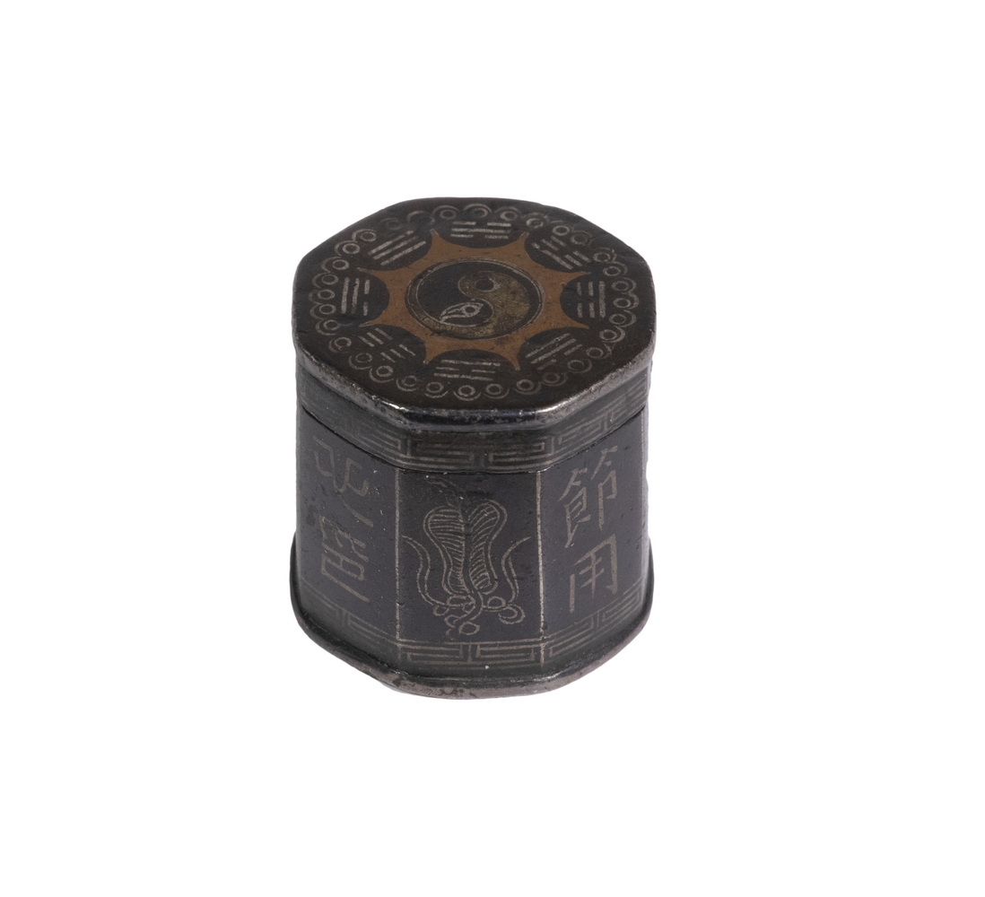 Appraisal: MINIATURE CHINESE OPIUM BOX Qing Octagonal Box in bronze with