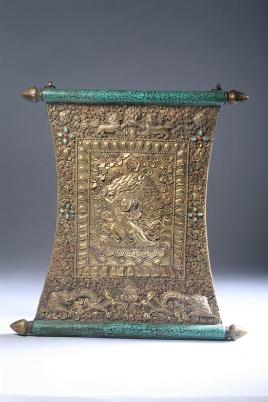 Appraisal: TIBETAN GILT COPPER THANGKA-FORM PLAQUE Repouss to depict Vajrapani standing