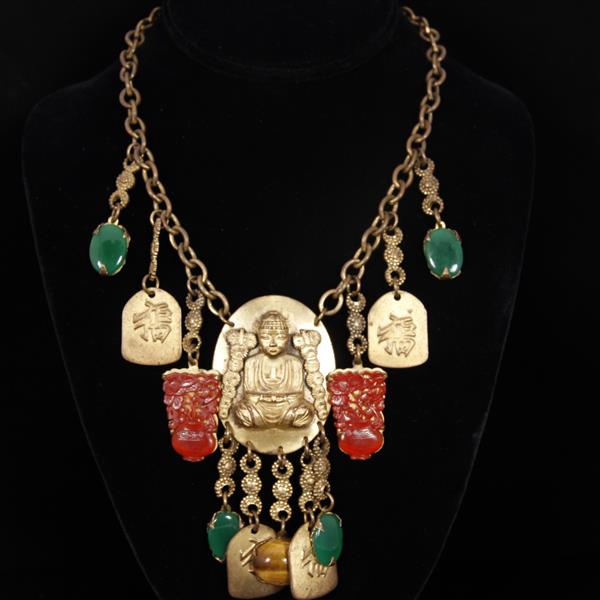 Appraisal: Vintage Chinese Brass Buddhist Necklace with pierce carved carnelian pendants